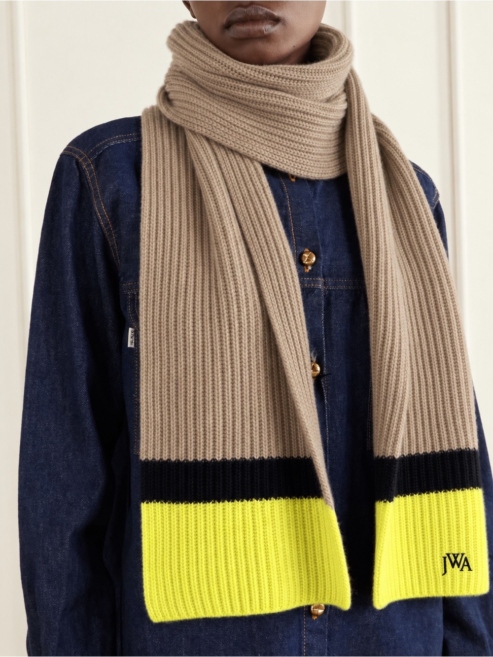 J.W. Anderson 100% Cashmere Colorblock Scarf Beige Neon Yellow Black